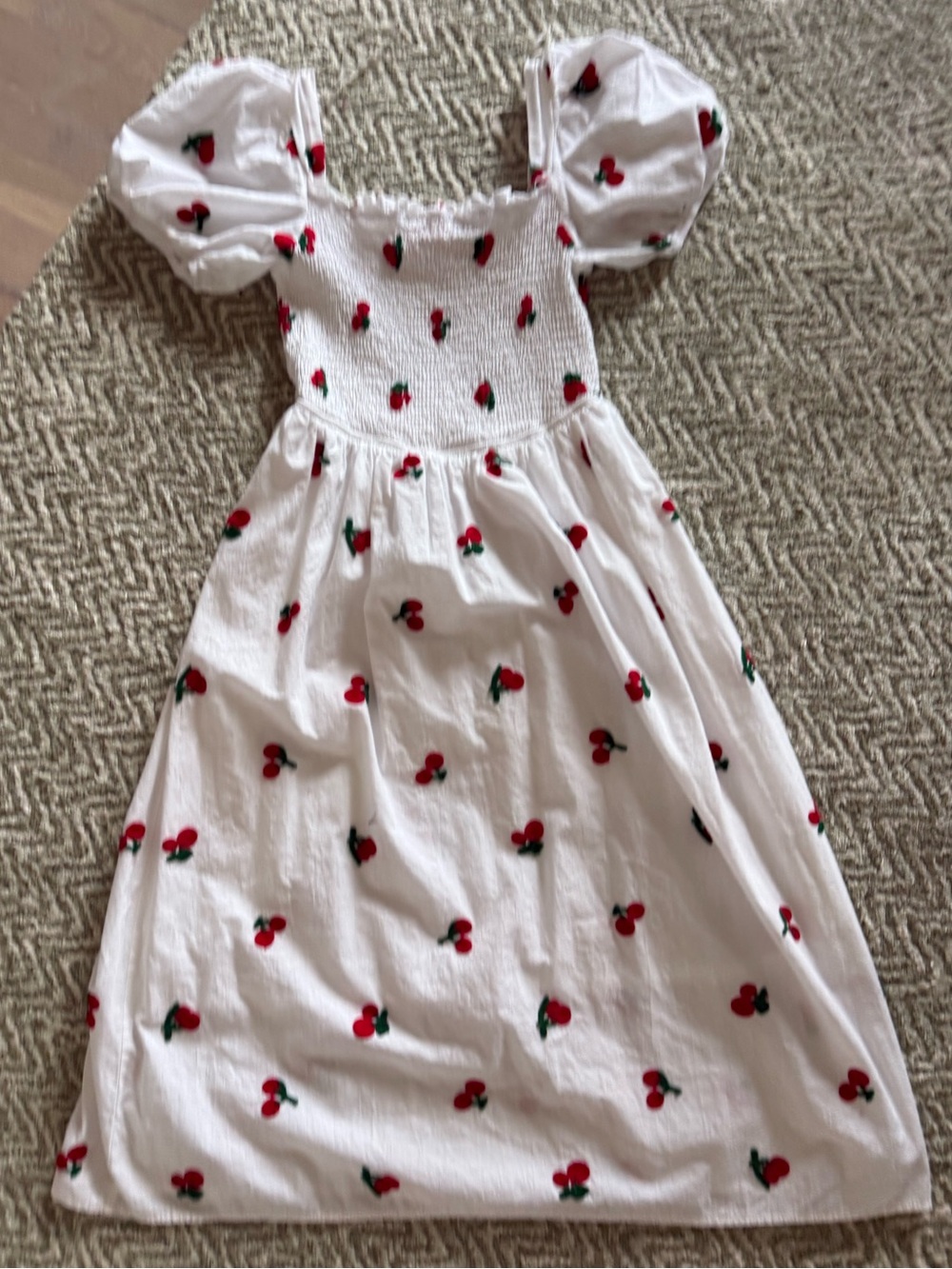 White Smocked Girls Dress with Red Cherry Print